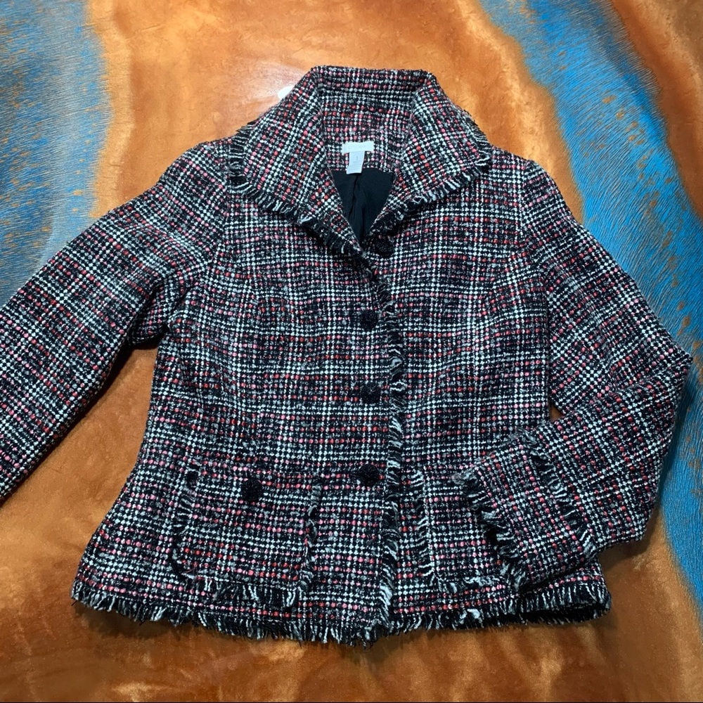 Chico’s Tweed fringe blazer black pink medium black multicolor 2000s
